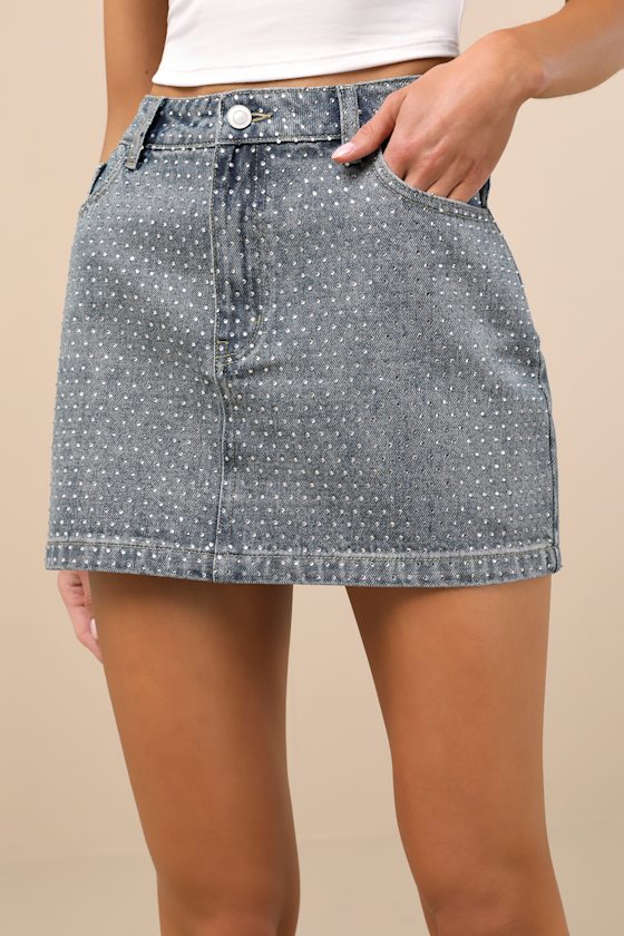 Lulus Fayla Medium Wash Denim Rhinestone Mini Skirt