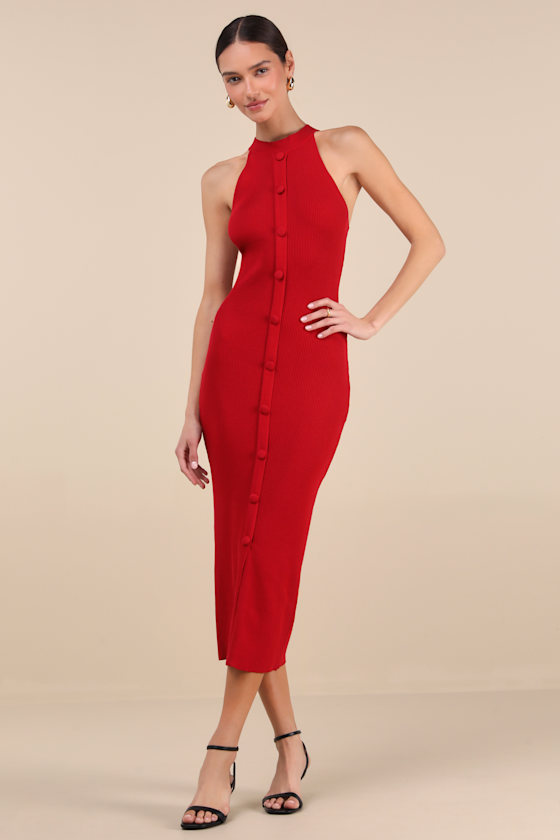 LULUS SUNIA RED SLEEVELESS BUTTON-FRONT MIDI SWEATER DRESS