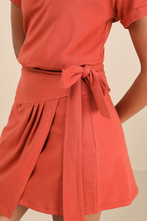 Lulus Ioana Rust Red Short Sleeve Pleated Faux-wrap Mini Dress
