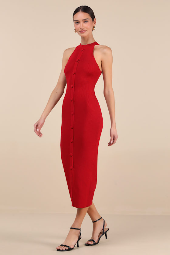 LULUS SUNIA RED SLEEVELESS BUTTON-FRONT MIDI SWEATER DRESS