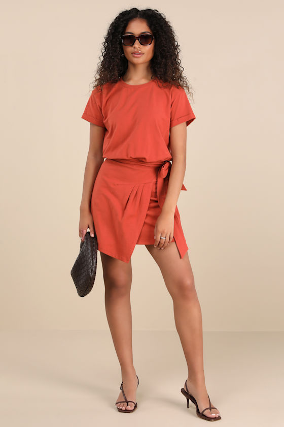 Lulus Ioana Rust Red Short Sleeve Pleated Faux-wrap Mini Dress