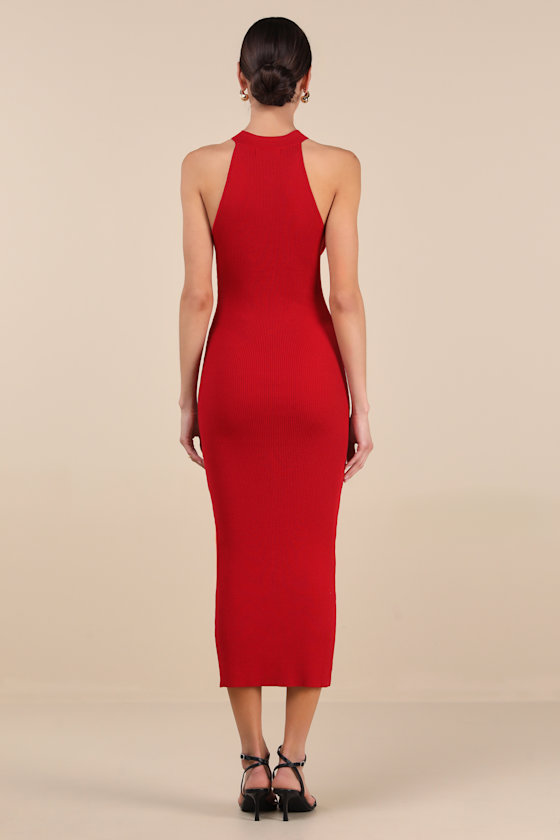 LULUS SUNIA RED SLEEVELESS BUTTON-FRONT MIDI SWEATER DRESS