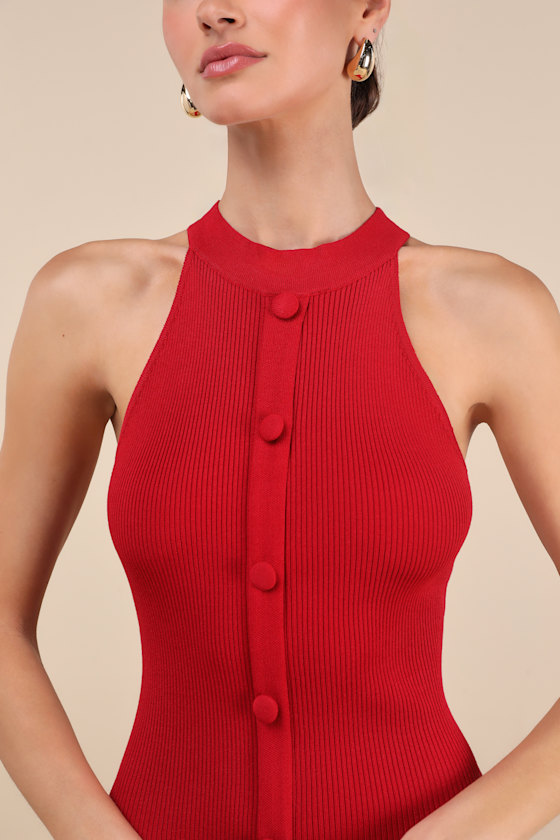LULUS SUNIA RED SLEEVELESS BUTTON-FRONT MIDI SWEATER DRESS
