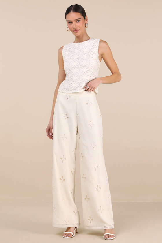 Lulus Elif Cream Eyelet Embroidered High-rise Pants In Red