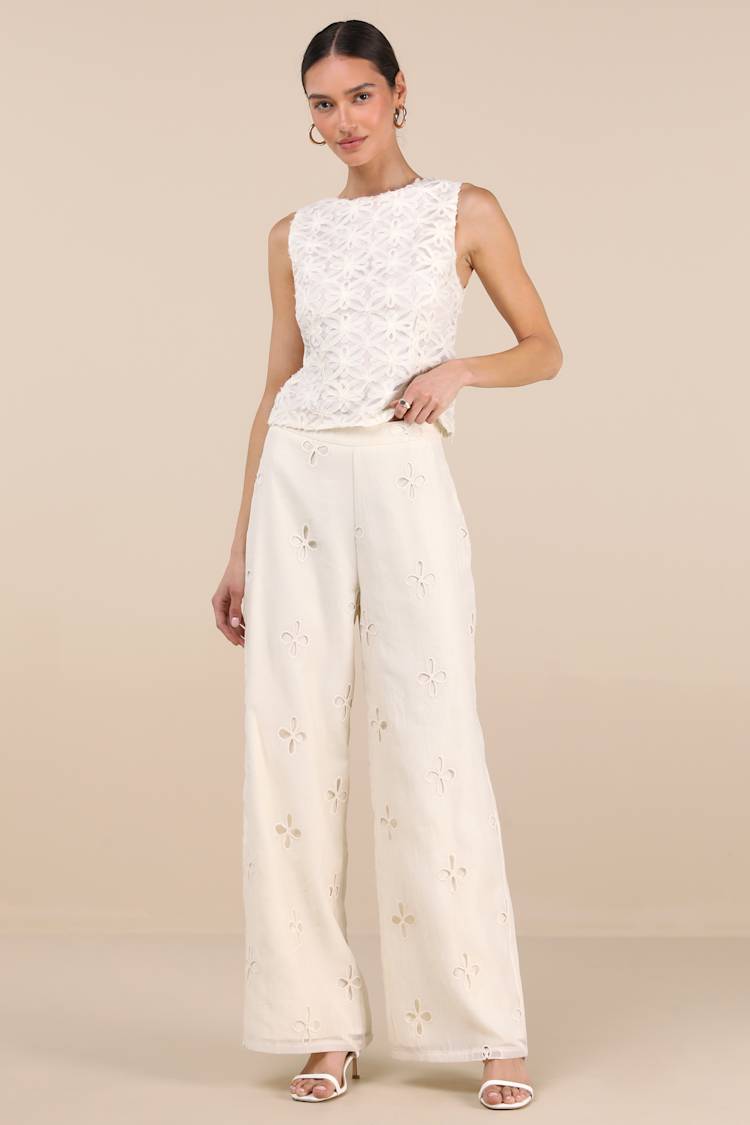 Cream Eyelet Embroidered Pants - High-Rise Pants - Eyelet Pants - Lulus