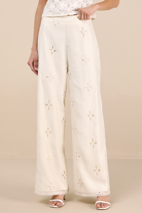 Lulus Elif Cream Eyelet Embroidered High-rise Pants In Red