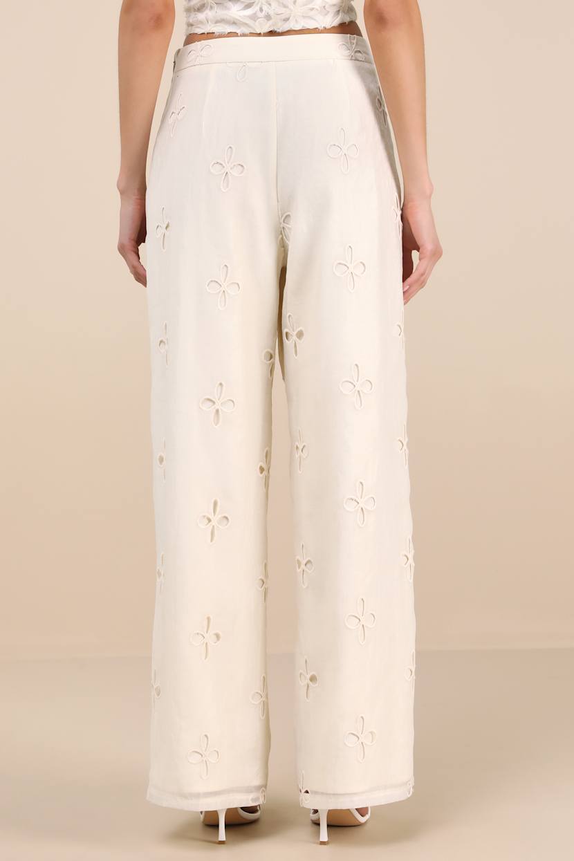 Cream Eyelet Embroidered Pants - High-Rise Pants - Eyelet  display picture 1