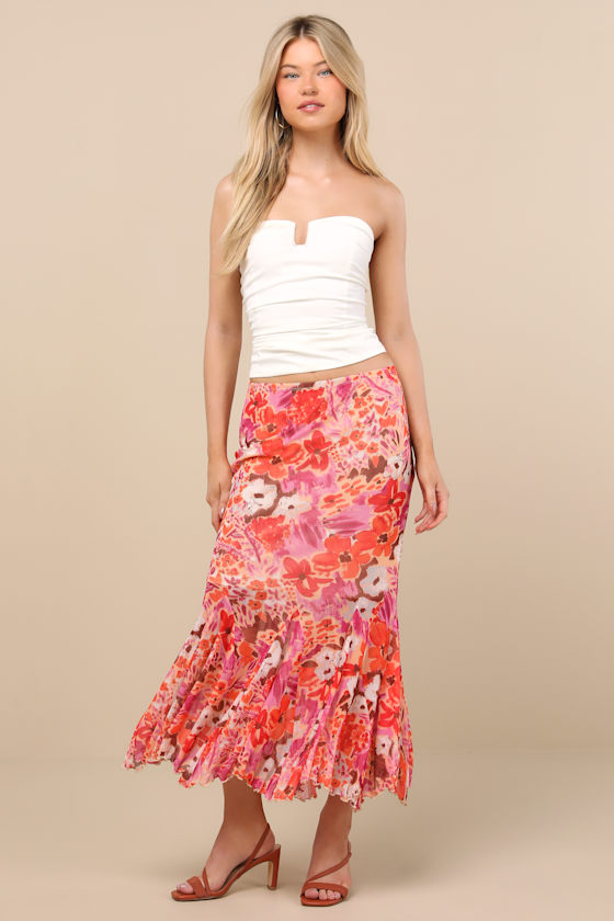 Lulus Lilika Orange Multi Floral Mesh Ruffled Midi Skirt