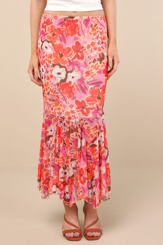 Lulus Lilika Orange Multi Floral Mesh Ruffled Midi Skirt