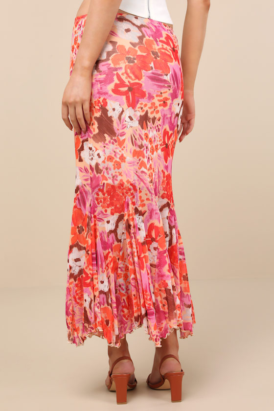 Lulus Lilika Orange Multi Floral Mesh Ruffled Midi Skirt