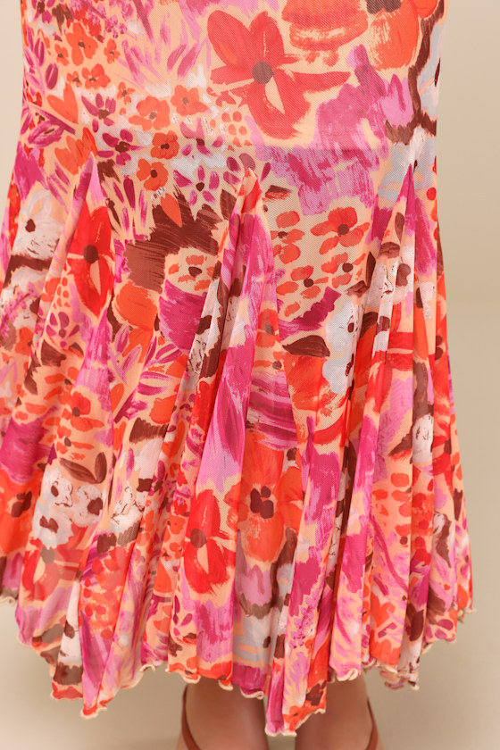 Lulus Lilika Orange Multi Floral Mesh Ruffled Midi Skirt
