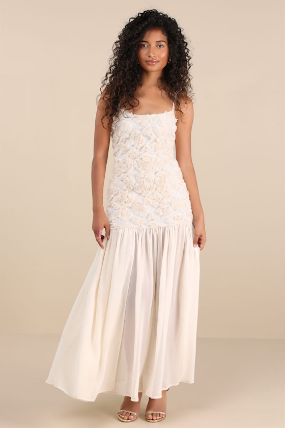 Kalene Cream 3D Rosette Sheer Hem Maxi Dress 1