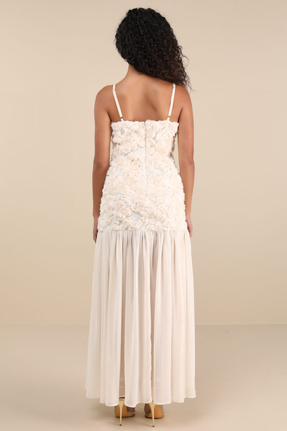 Lulus Kalene Cream 3d Rosette Sheer Hem Maxi Dress