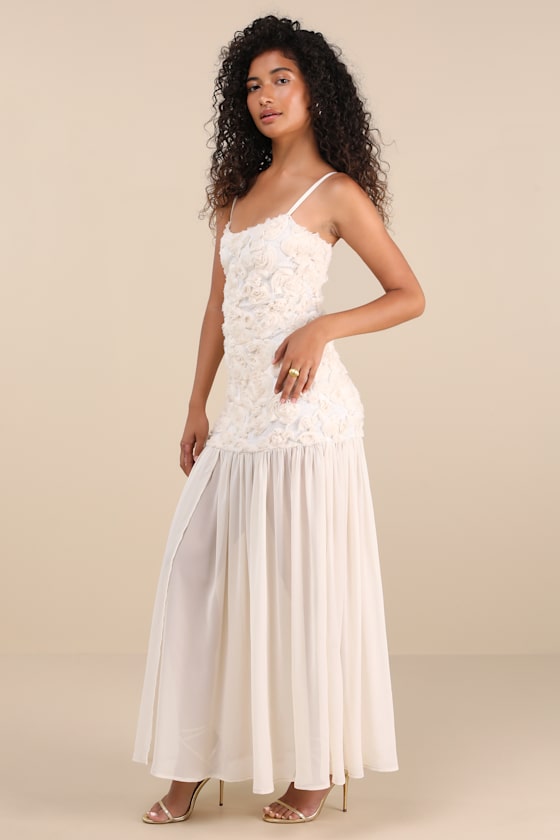 Lulus Kalene Cream 3d Rosette Sheer Hem Maxi Dress