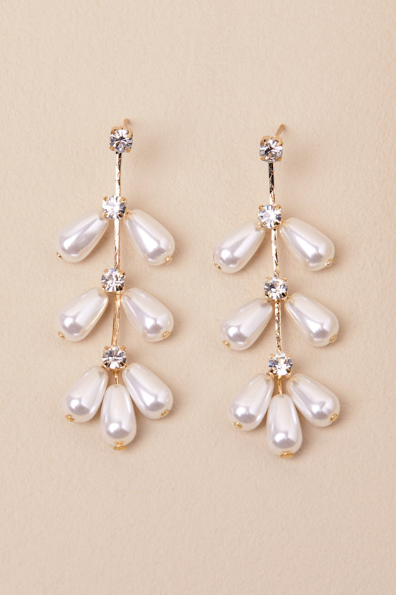 LULUS RENORA GOLD RHINESTONE PEARL DROP EARRINGS