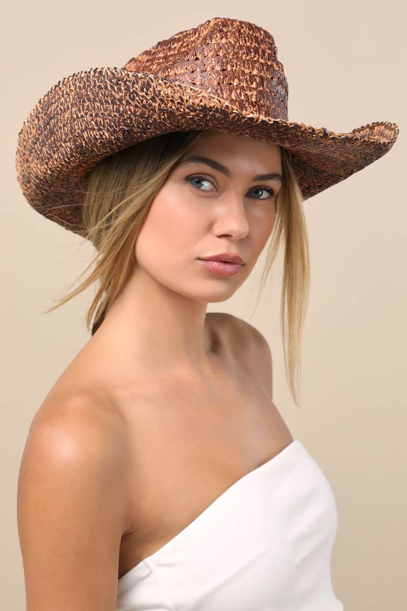 Dark Brown Straw Hat - Woven Western Hat - Tea Stain Cowboy  display picture 1