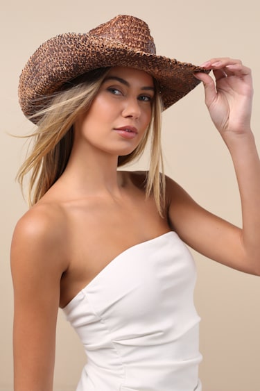Dark Brown Straw Hat Woven Western Hat Tea Stain Cowboy Hat
