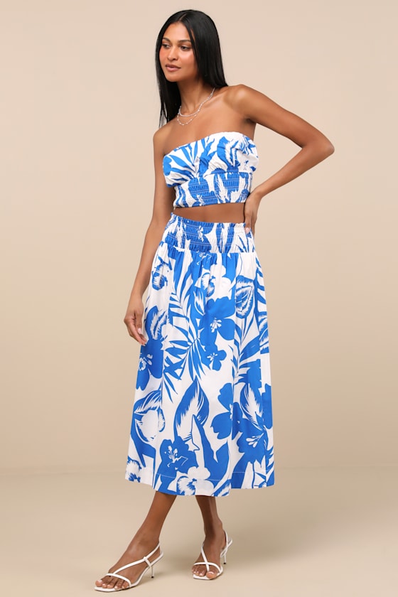 Lulus Luana Blue And White Floral High-rise Midi Skirt
