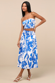 Luana Blue and White Floral High-Rise Midi Skirt 1