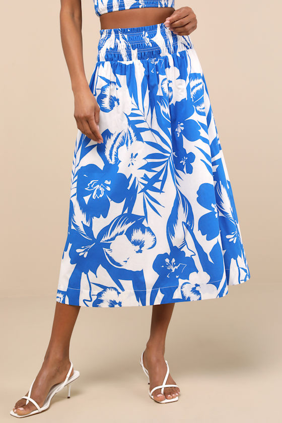 Lulus Luana Blue And White Floral High-rise Midi Skirt