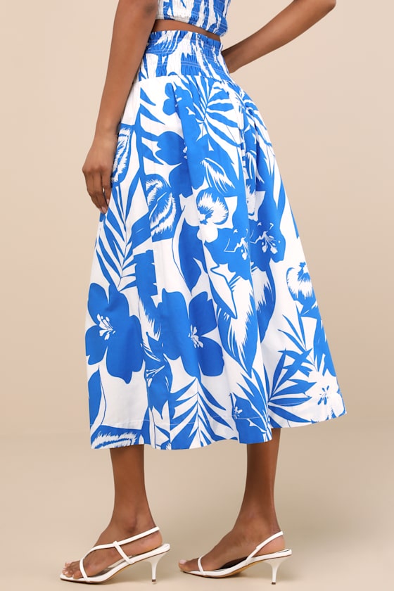 Lulus Luana Blue And White Floral High-rise Midi Skirt