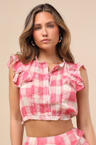 Giada Pink and Ivory Plaid Flutter Sleeve Crop Top 4