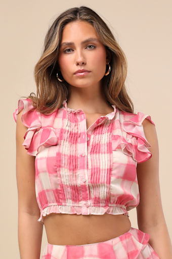 Giada Pink and Ivory Plaid Flutter Sleeve Crop Top 4