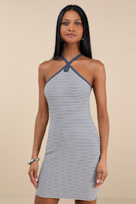 Maveline Blue Striped Ribbed Knit Halter Mini Dress 4