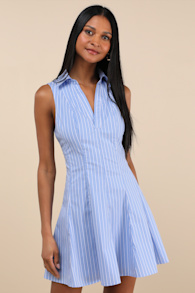 Zenley Blue Striped Collared Skater Mini Dress 4