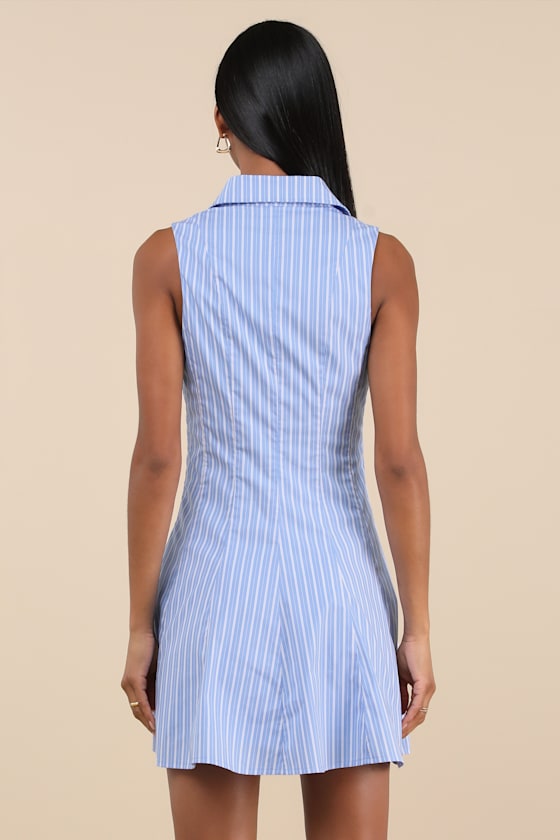 Lulus Zenley Blue Striped Collared Skater Mini Dress