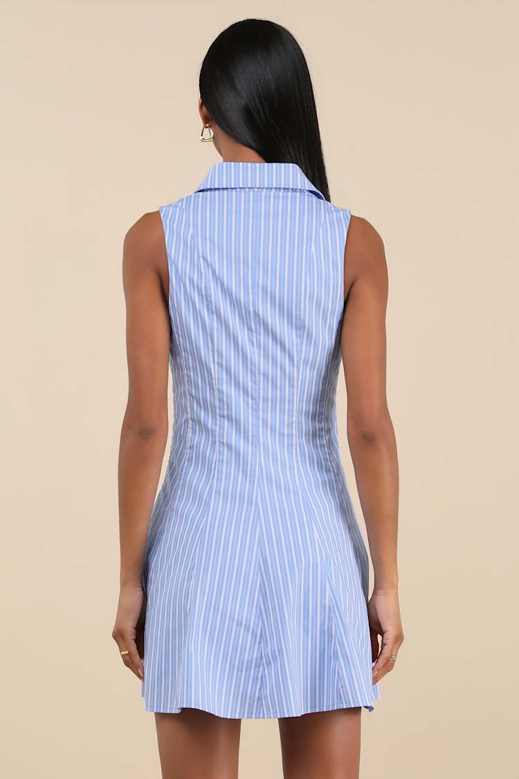 Zenley Blue Striped Collared Skater Mini Dress