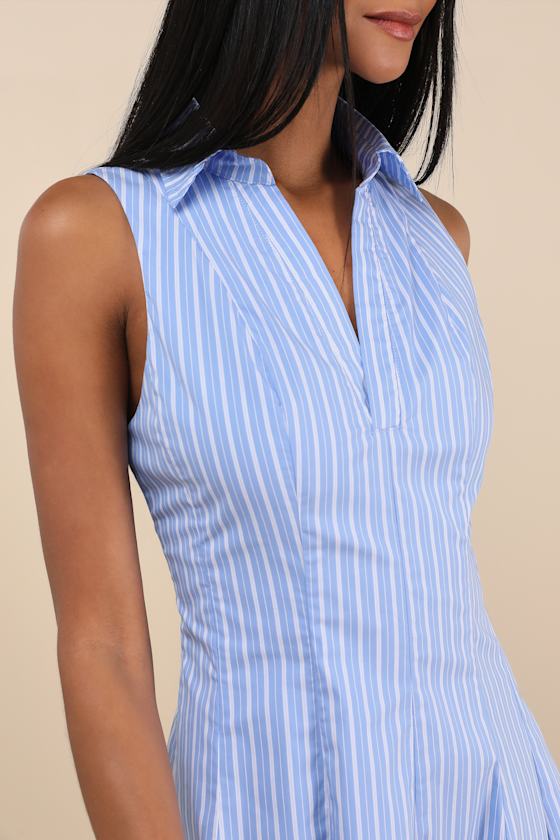 Lulus Zenley Blue Striped Collared Skater Mini Dress