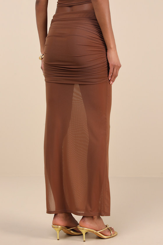 Lulus Cadie Brown Sheer Mesh Ruched Maxi Skirt
