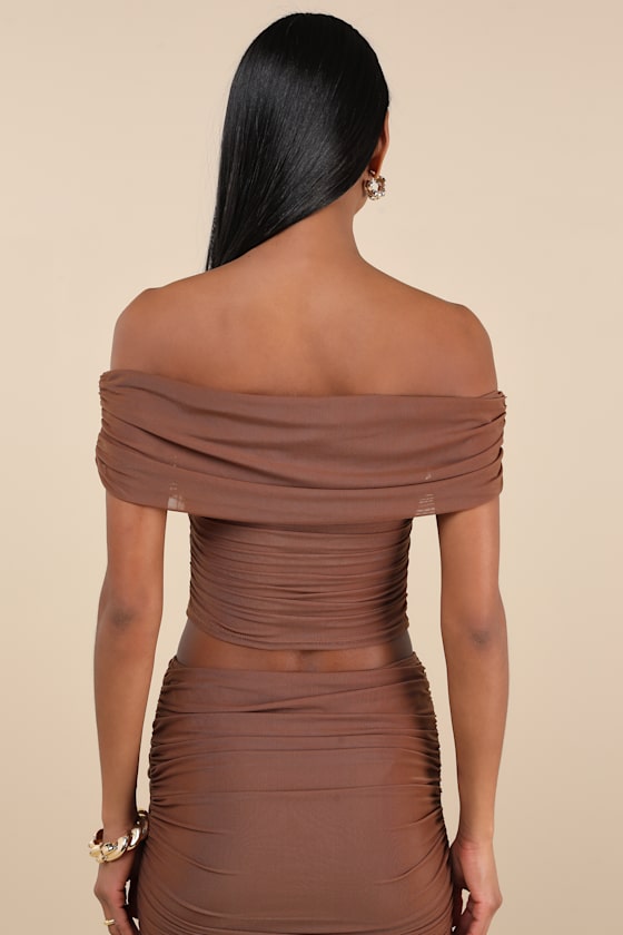 Lulus Cadie Brown Mesh Off-the-shoulder Top