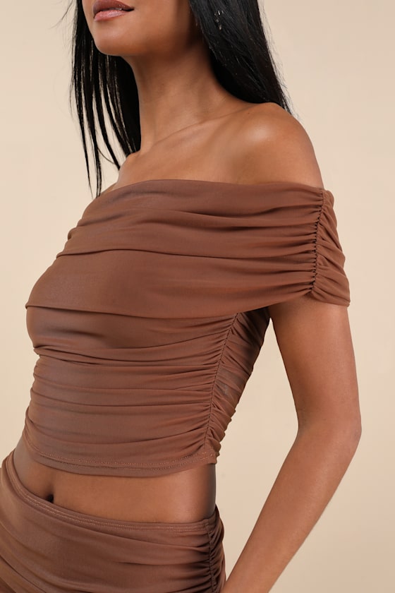 Lulus Cadie Brown Mesh Off-the-shoulder Top