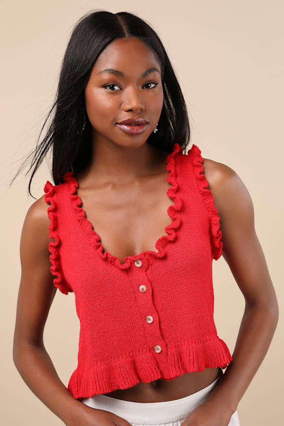 Lulus Smiling Sweetie Bright Red Knit Ruffled Sleeveless Sweater Top