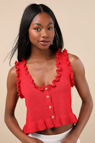 Smiling Sweetie Bright Red Knit Ruffled Sleeveless Sweater Top 4
