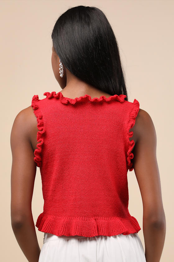 Lulus Smiling Sweetie Bright Red Knit Ruffled Sleeveless Sweater Top