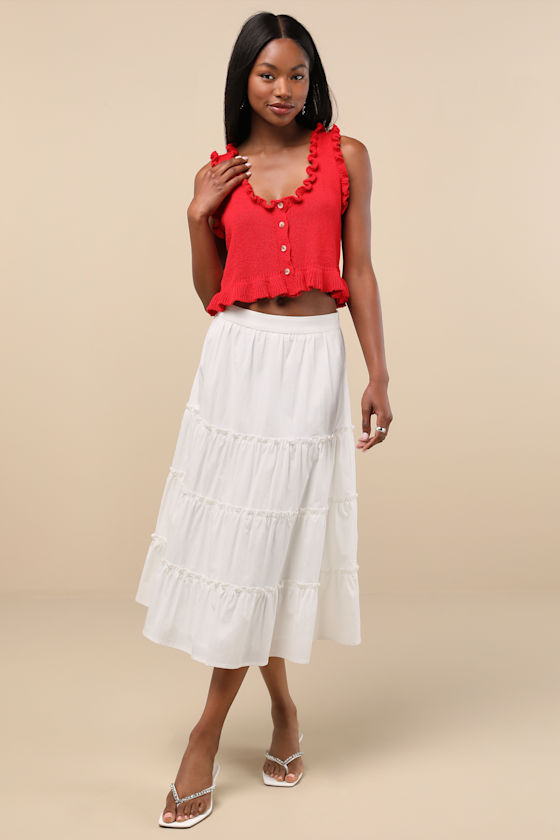 Lulus Smiling Sweetie Bright Red Knit Ruffled Sleeveless Sweater Top