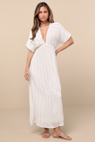 Goddess Vibes Ivory Gold Striped Dolman Sleeve Maxi Dress