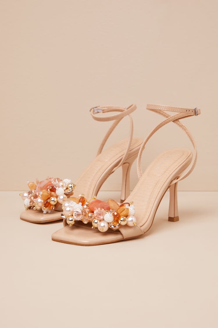 Candela Light Nude Beaded High Heel Ankle Strap Sandals