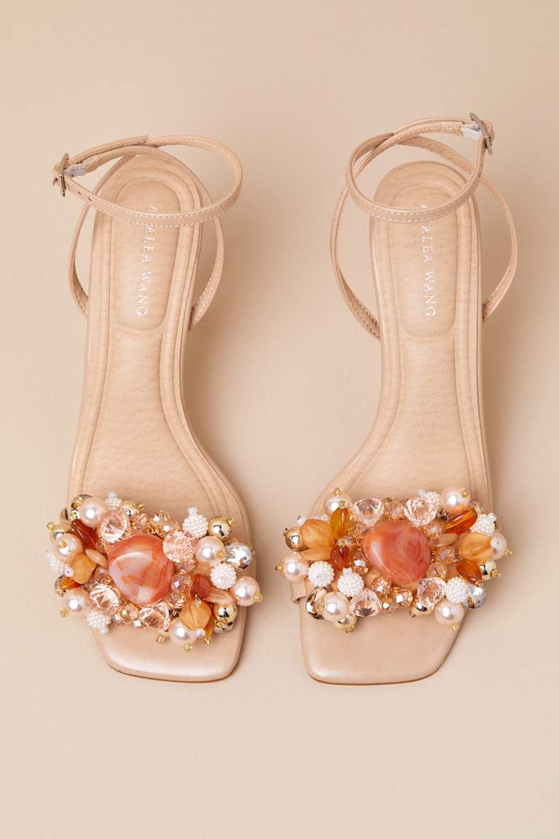 Candela Light Nude Beaded High Heel Ankle Strap Sandals