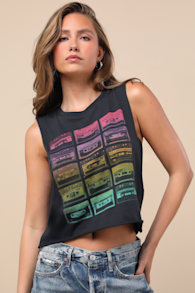 Cassette Black Multi Graphic Muscle Crop Tank Top 1