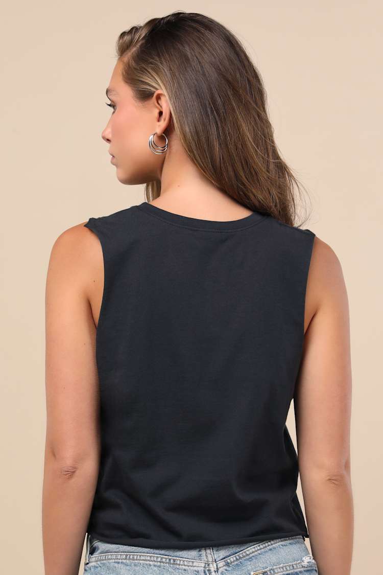 Cassette Black Multi Graphic Muscle Crop Tank Top