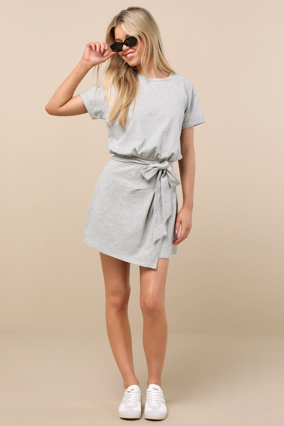 Lulus Ioana Heather Grey Short Sleeve Pleated Faux-wrap Mini Dress