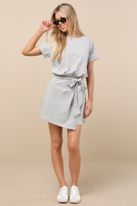 Ioana Heather Grey Short Sleeve Pleated Faux-Wrap Mini Dress 1