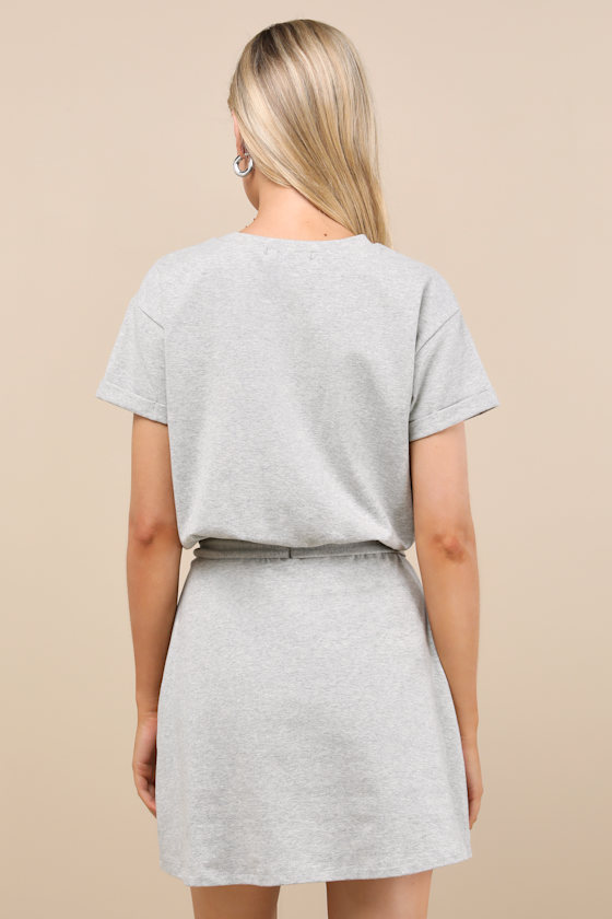 Lulus Ioana Heather Grey Short Sleeve Pleated Faux-wrap Mini Dress