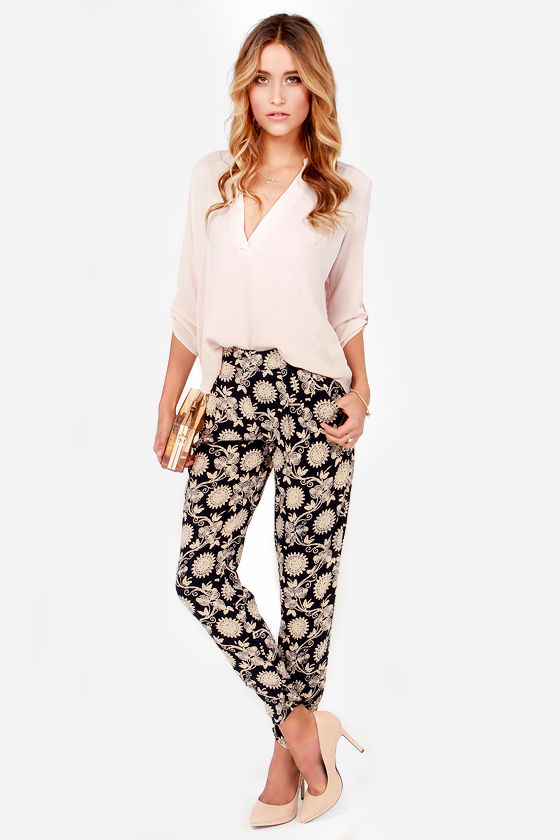 Cause a Stir Beige and Navy Blue Print Pants