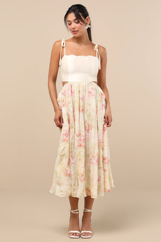 Lulus Rosalee Ivory Floral Mixed Media Midi Dress