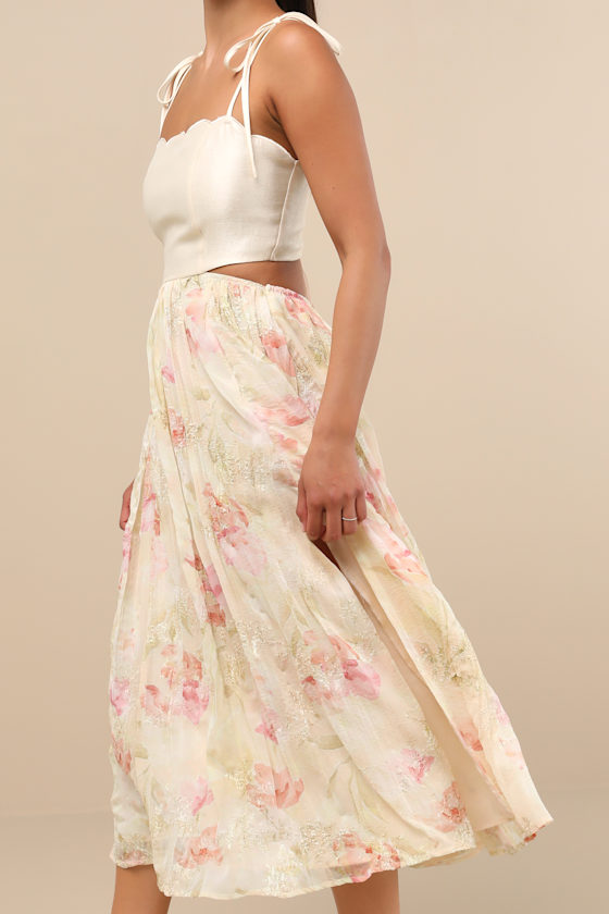 Lulus Rosalee Ivory Floral Mixed Media Midi Dress